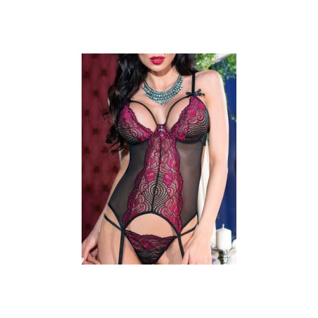 Guêpière - Chilirose - Dentelle - Noir et fuschia - S/XL
